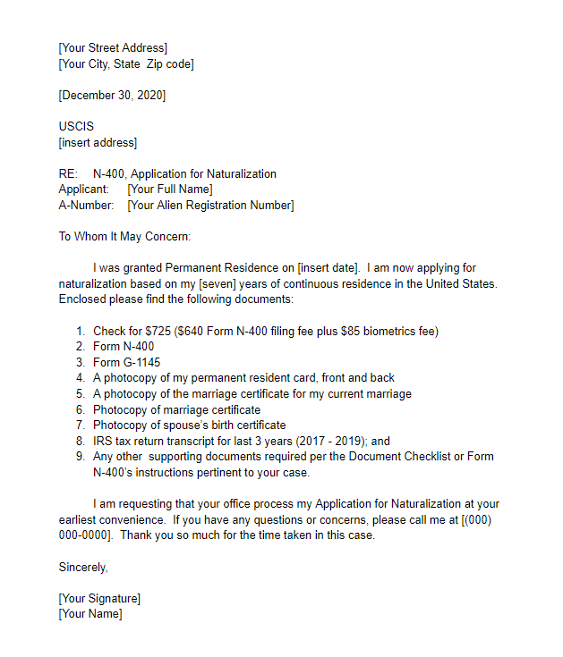 sample cover letter for naturalization application